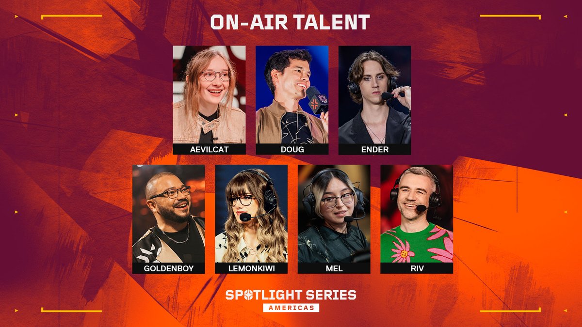 valesportsna's tweet photo. Introducing your #VCTSpotlightSeries Americas Talent!

🎙️ Ft. @aEvilcat @EsportsDoug @endercasts @GoldenboyFTW @LemonKiwi_ @melanji @RivingtonThe3rd https://t.co/qYEJHD0FJi