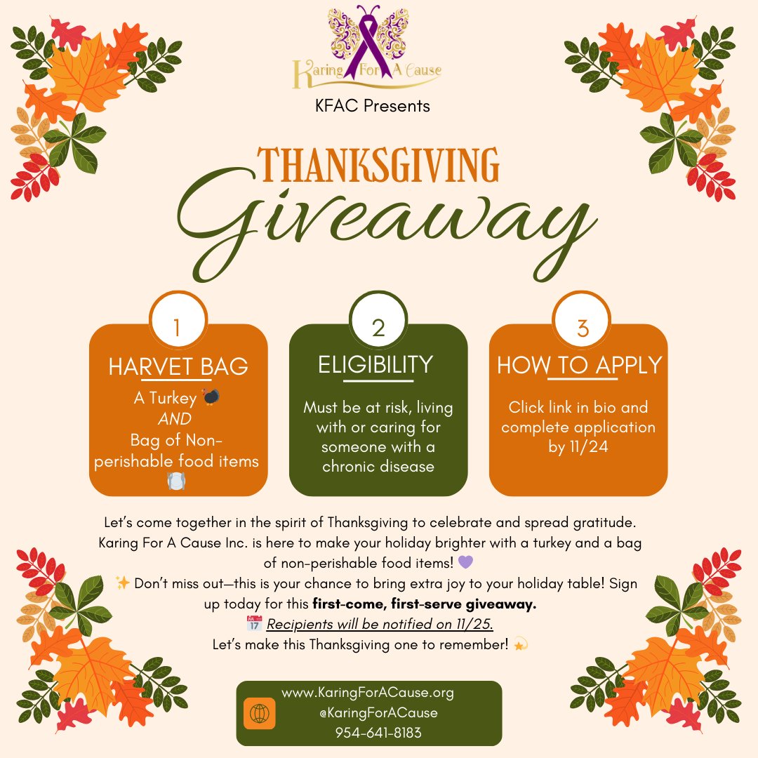 KaringForACause's tweet image. KFAC is spreading holiday cheer and helping offset financial burdens this season! We're giving away a Harvest Bag with a turkey 🦃 and non-perishable food items! Let us help make your Thanksgiving a bit brighter! 💜 #KFAC #ThanksgivingGiveaway #GratitudeSeason #CommunitySupport