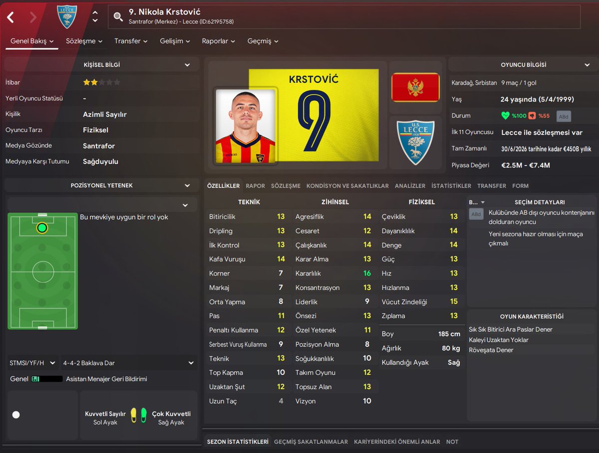 Fmgunluklerim's tweet image. Milli Takımımız Karşısında Hat-trick Yapan Nikola Krstović&apos;in FM24 profili.

#FM24 #MNETUR