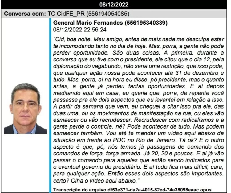 Olha o pq do desespero do Flávio Bolsonaro👇🏼

Conversa obtida pela Polícia Federal entre o general Mario Fernandes e Mauro Cid, em 8 de dezembro de 2022 planejando o golpe.

SEM ANISTIA 
BOLSONARO NA CADEIA