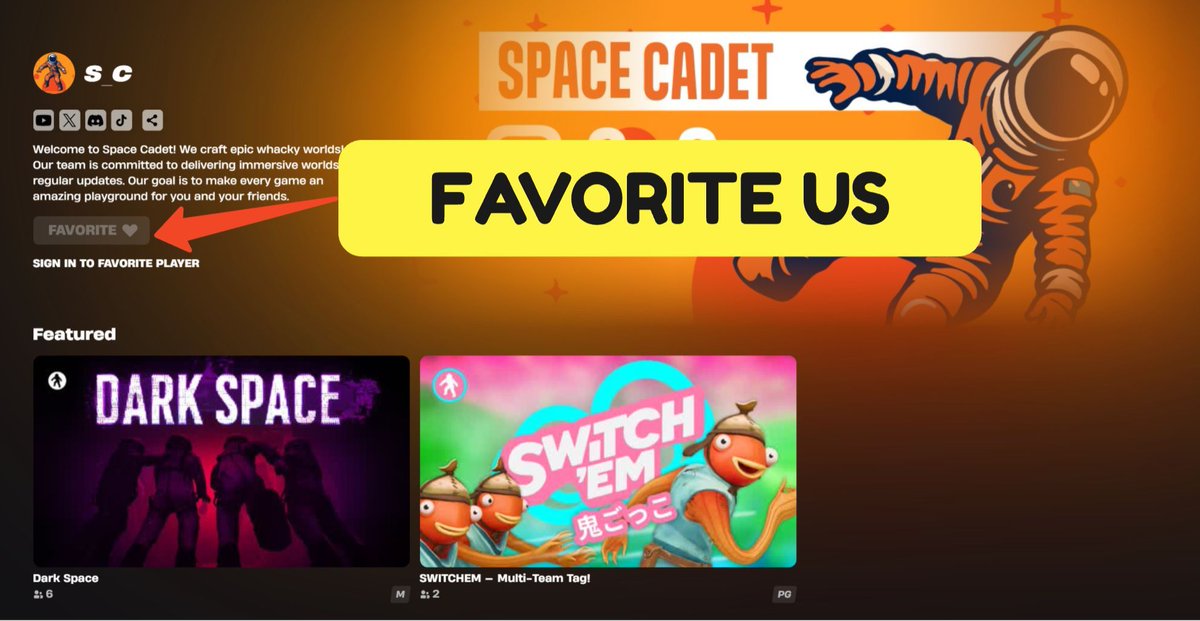 fortnite.com/@s_c 
Finally! The long awaited release of our creator page. Feel like becoming a fellow Space Cadet? Then give us a Follow! See you in a session soon...🙂🧑‍🚀