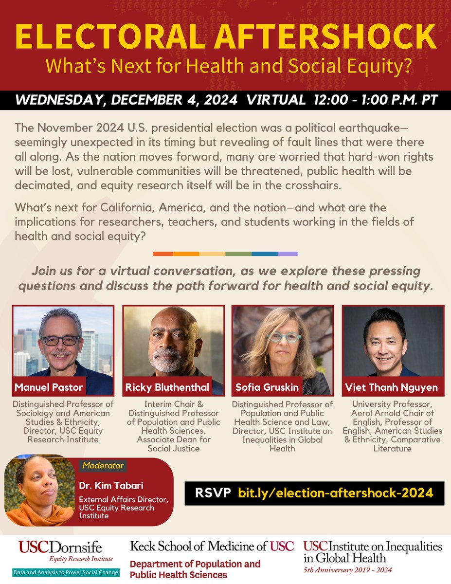 EVENT: 'Electoral Aftershock? What's next for health and social equity?' Our panelists will discuss implications for researchers, teachers, and students working in the fields of health and social equity.
🗓️ Dec. 4 | 12 PM (PT)
Learn more + register here: bit.ly/40PbvQZ
