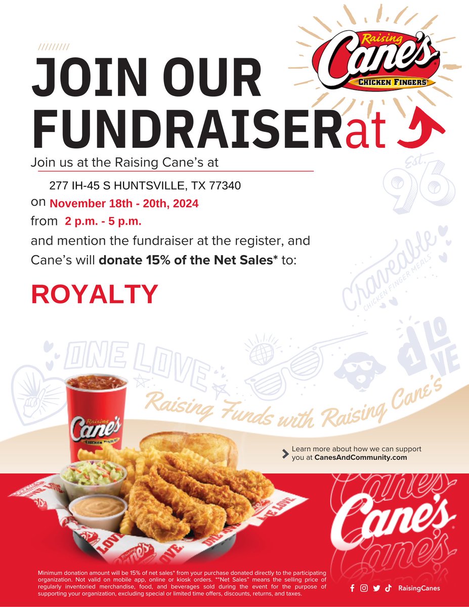 👑✨ Royalty is teaming up with Raising Cane’s for a special fundraiser! 🐓 Come out and show your support—15% of net sales will be donated to Royalty. Enjoy great food while helping us make a difference! #RoyaltyFundraiser #CanesForACause