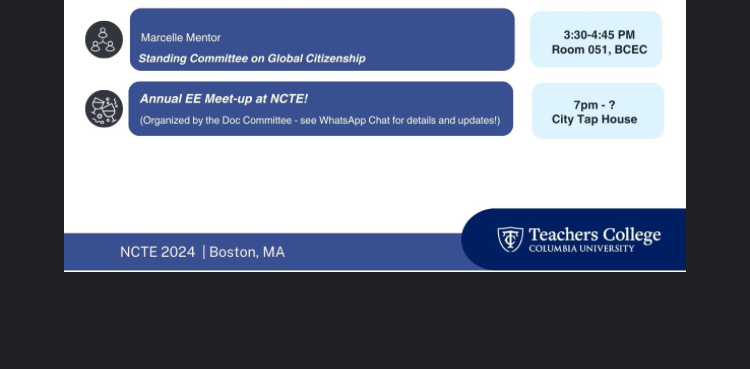 TC English Education Program (@tc_eeprogram) on Twitter photo **One more session for Friday 11/22 features our favorite Dr. Marcelle Mentor!**  & don't forget to reach out on our WhatsApp NCTE thread for more information about a departmental meet-up after the Friday sessions.  See you there! **One more session for Friday 11/22 features our favorite Dr. Marcelle Mentor!**  & don't forget to reach out on our WhatsApp NCTE thread for more information about a departmental meet-up after the Friday sessions.  See you there!