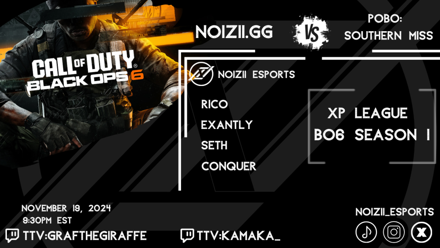 Noizii_Esports's tweet photo. @ricofries and his squad Noizii. GG v POBO: Southern Miss  9:30pmEST!!! LET'S GET IT!!!  @XPLeague #BlackOps6 (streaming @GrafTheGiraffe @Kamaka_18) https://t.co/hG39Fqqfma