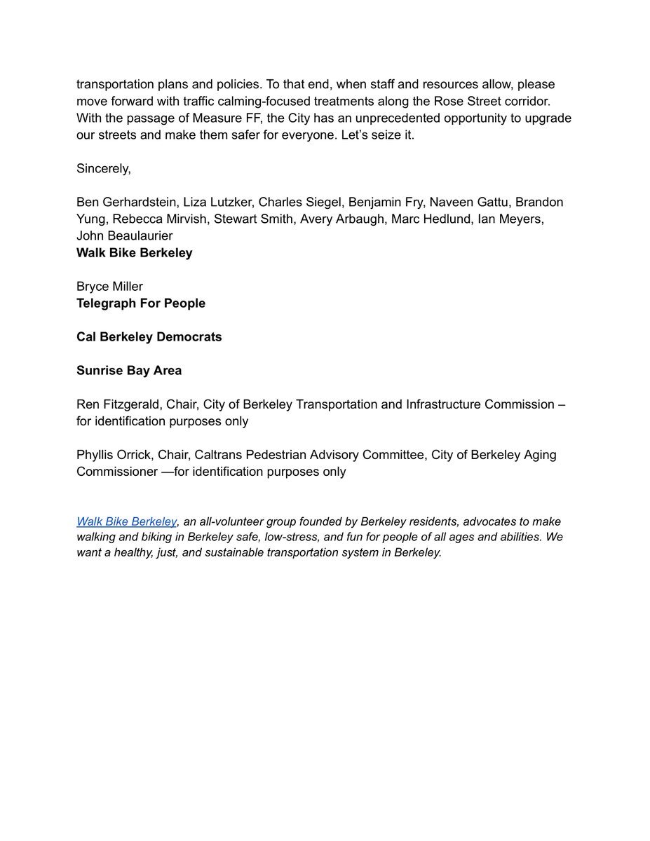 Telegraph For People co-signed this letter to the City of Berkeley with <a href="/WalkBikeBerk/">Walk Bike Berkeley</a>, <a href="/caldems/">Cal Berkeley Democrats</a>, and <a href="/sunrisebayarea/">Sunrise Bay Area 🌅</a> criticizing the pedestrian and bike safety failures on Rose Street in North Berkeley that led to the tragic death of pedestrian Ben Brown.
