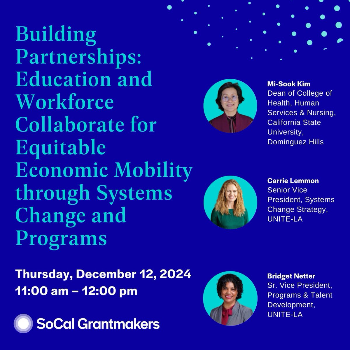 Join our upcoming Workforce Funders Group Meeting on Thursday, Dec. 12, 2024, 11:00 am – 12:00 pm, for a discussion on sector-based approaches and the role of intermediaries, such as UNITE-LA, in building equitable pathways to economic mobility.
Register: buff.ly/3OdE0Am