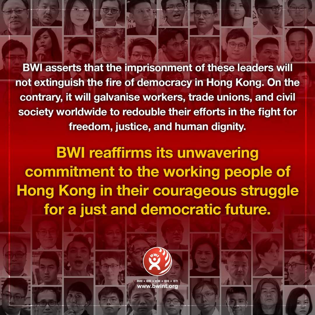 BWIglobal's tweet photo. BWI condemns the sentencing of the "Hong Kong 47" under the draconian National Security Law (NSL). We demand their release and call on the global community to hold Hong Kong and China accountable for this assault on democracy. ✊  

🔗 Full statement: https://t.co/utD9faB3Ux https://t.co/LbWShFwsV1