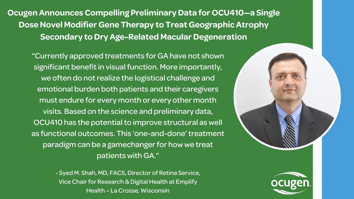 Ocugen's tweet image. Today, Ocugen announced positive preliminary data from the Phase 1/2 OCU410 ArMaDa clinical trial. This data, along with data from the Phase 1/2 OCU410ST GARDian study and LCA data from the Phase 1/2 OCU400 study were presented at the clinical showcase bit.ly/490Nmc0 #GA