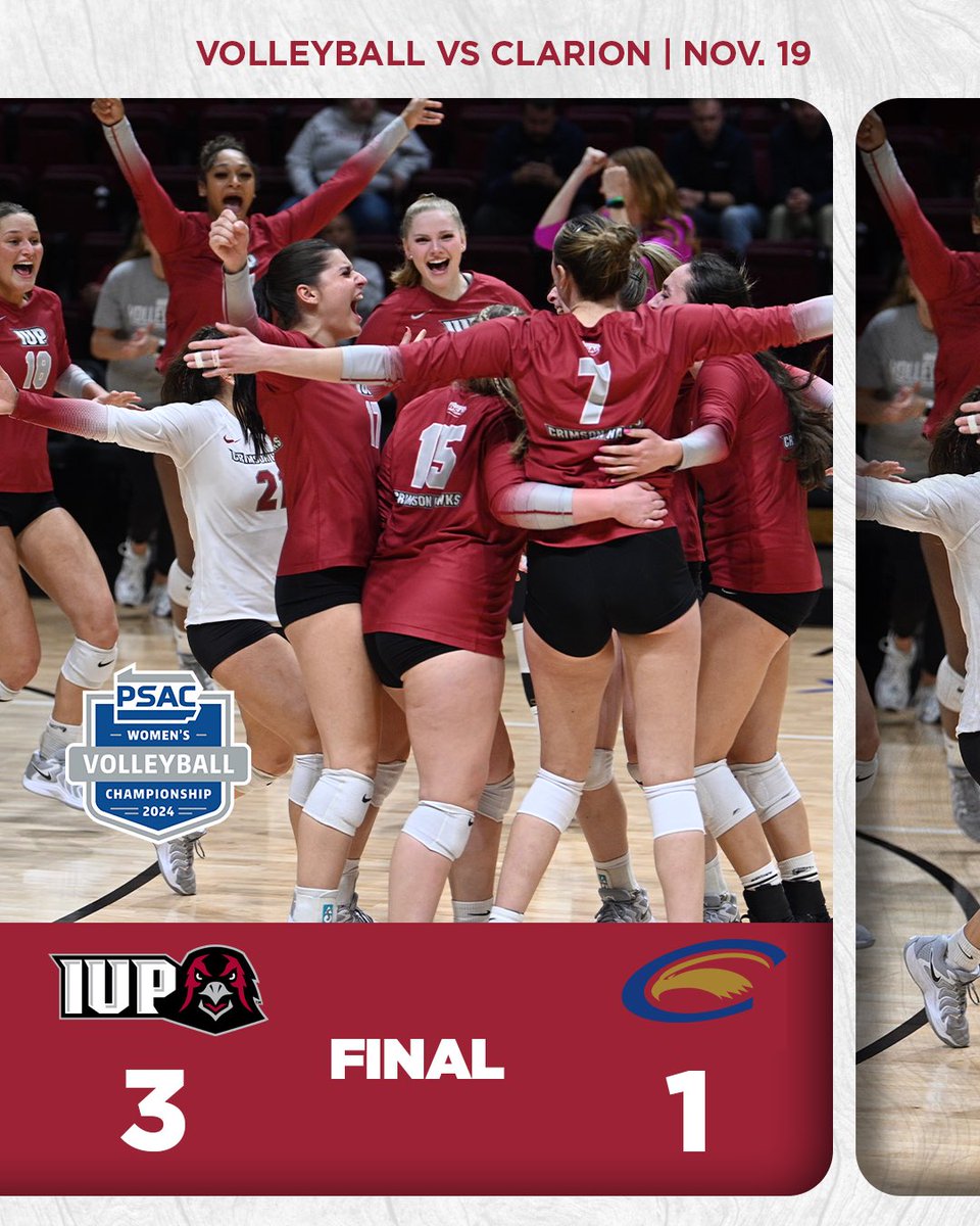 WE’RE GOING TO THE PSAC SEMIFINALS🎊

IUP advances to the semifinals after a HUGE four set match against Clarion this evening! IUP advances for the first time since 2002!

#TalonsUp