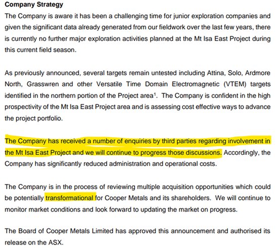ASXPeoplesChamp's tweet photo. $CPM.ax $CPM
Looks like clear out has started and Board talking about “Transformational Acquisitions”. Some interesting backers for a little $3m coy ($1m EV). 
JV interest in Copper project with some very good historical hits. https://t.co/wqM2TeyGav