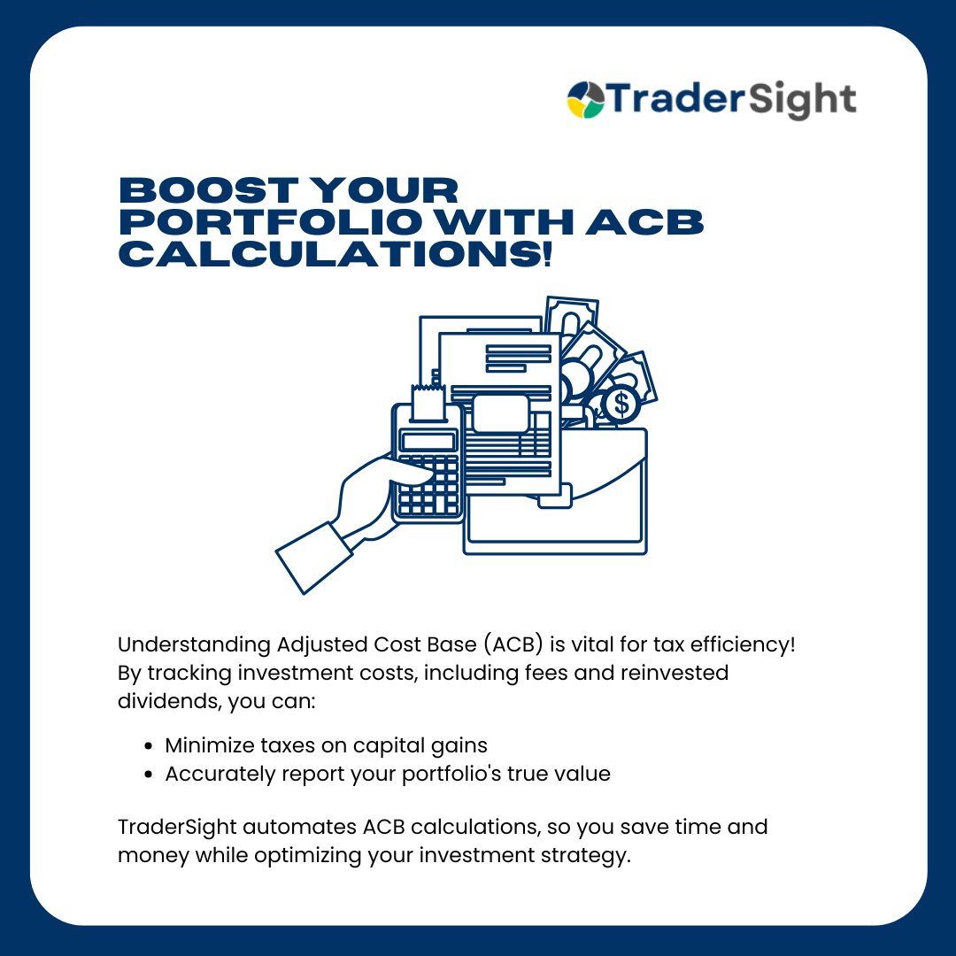 TraderSightApp's tweet photo. Adjusted Cost Base Calculations

For tax efficiency, it is essential to comprehend ACB! Explore how ACB computations can improve your portfolio and lower capital gains taxes.

#TaxEfficiency #ACBExplained #Investment101 #TaxEfficiency #SmartInvesting https://t.co/tHaOPzMKiZ