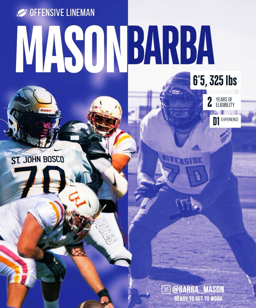 RECRUITMENT OPEN‼️ (OL)
Mason Barba, CA 
6’5
325
Division 1 experience 
5.0 40 time
CAN PLAY ALL 5 positions ‼️
2 years of eligibility remaining 
Film: youtu.be/dAIsI8XhAIM?si…
hudl.com/video/3/167886…