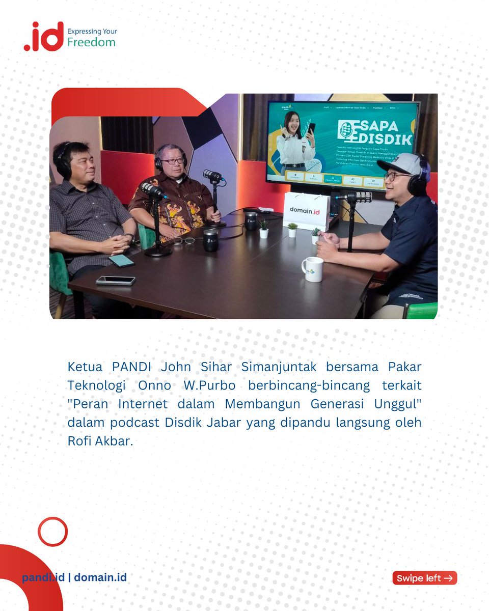 Pandi_ID's tweet image. Simak bincang santai Ketua PANDI John Sihar Simanjuntak bersama Pakar Teknologi Onno W.Purbo terkait &quot;Peran Internet dalam Membangun Generasi Unggul&quot; dalam podcast Disdik Jabar yang dipandu langsung oleh Rofi Akbar. 

Tonton video lengkapnya di Youtube Domain ID dan Disdik Jabar