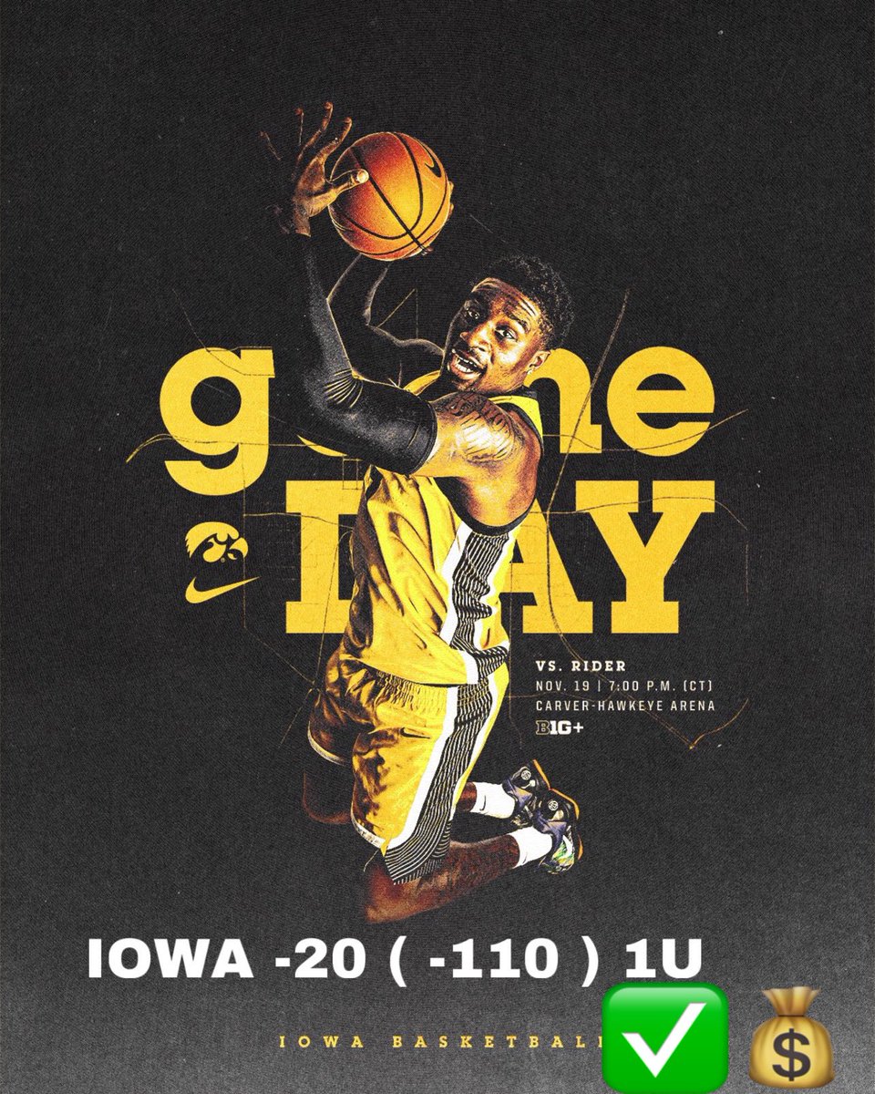 SPX_Sports's tweet photo. CASH ANOTHER FREE PREMIUM PLAY

Now 15-3 ON FREE PLAYS!

Iowa -20 ✅💰

$100 TO SOMEONE WHO RT’s &amp; FOLLOWING!

Get 30 days FREE of ALL our premium picks 👇🏽 

https://t.co/yCBPxRME28

#Iowa #Hawkeyes #CBB #NCAA #CollegeBasketball #Gambling #Betting #Sports #Sportsbet https://t.co/71ZzQz9IOe