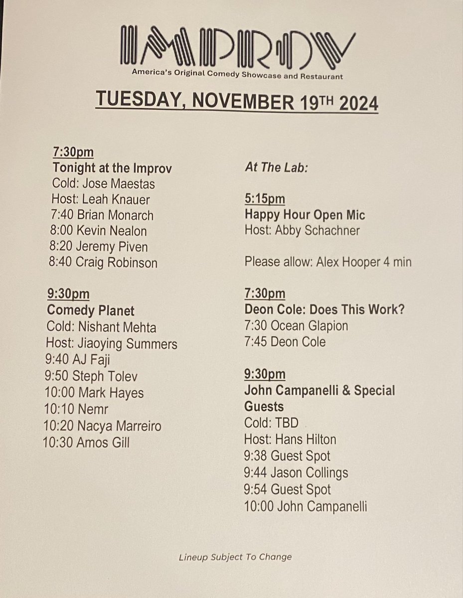 Set times tonight! <a href="/deoncole/">DEON COLE</a> is SOLD OUT! Get the last tickets for The Main Room &amp; <a href="/JohnCampanelli1/">John Campanelli</a> in The Lab now at improv.com/hollywood or arrive early and buy at the door!