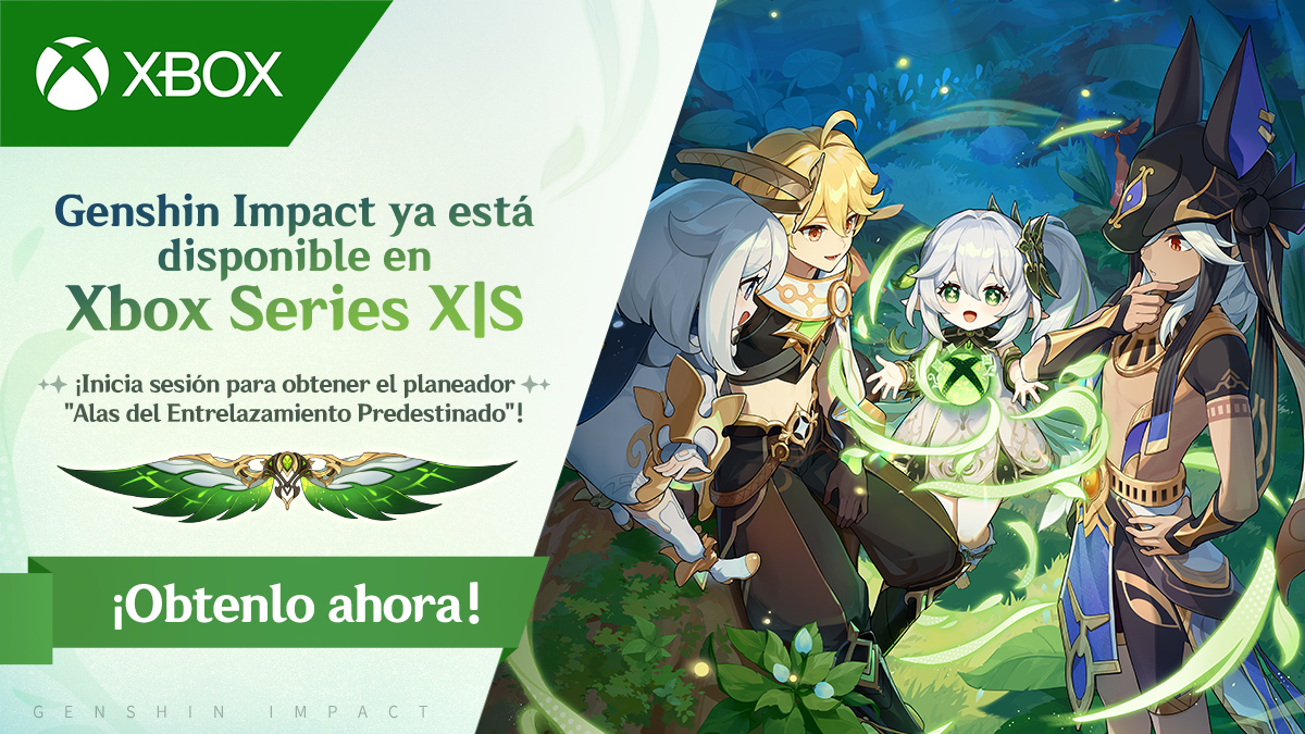genshinimpactes's tweet photo. ¡Genshin Impact ya está disponible en Xbox Series X|S! ¡Obtenlo ahora!

https://t.co/ESeu58rd8Y

¡Inicia sesión para obtener el planeador "Alas del Entrelazamiento Predestinado"!

Para más detalles:
https://t.co/ynD8BN6vtl

#GenshinlmpactXbox #GenshinImpact https://t.co/lbPQg95rZ9