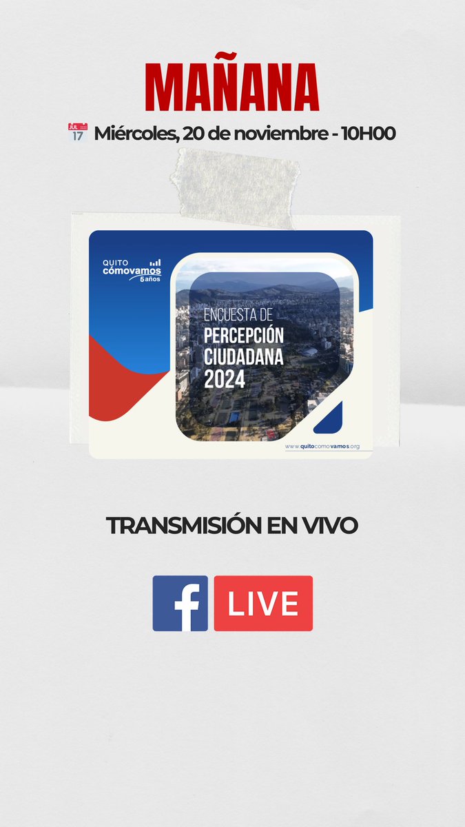 ¡Mañana! Presentamos el Informe de Calidad de Vida y Encuesta de Percepción Ciudadana 2024 de Quito. Sigue la transmisión en bit.ly/3CzEYEB y accede a los datos en quitocomovamos.org

#QuitoCómoVamos2024