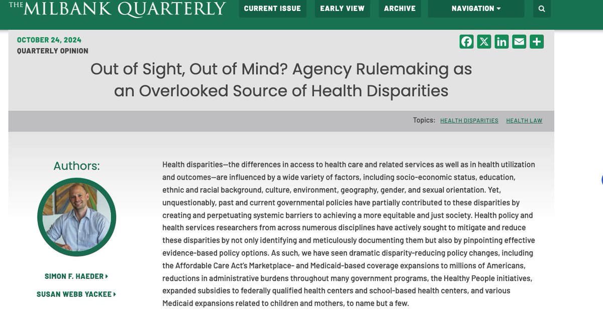 Simon F. Haeder (@simonfhaeder) on Twitter photo New piece out in <a href="/MilbankFund/">Milbank Memorial Fund & The Milbank Quarterly</a> Opinion w/ <a href="/SusanYackee/">Susan Yackee</a> on how rulemaking might be contributing to health disparities >
Out of Sight, Out of Mind? Agency Rulemaking as an Overlooked Source of Health Disparities
milbank.org/quarterly/opin… New piece out in <a href="/MilbankFund/">Milbank Memorial Fund & The Milbank Quarterly</a> Opinion w/ <a href="/SusanYackee/">Susan Yackee</a> on how rulemaking might be contributing to health disparities >
Out of Sight, Out of Mind? Agency Rulemaking as an Overlooked Source of Health Disparities
milbank.org/quarterly/opin…