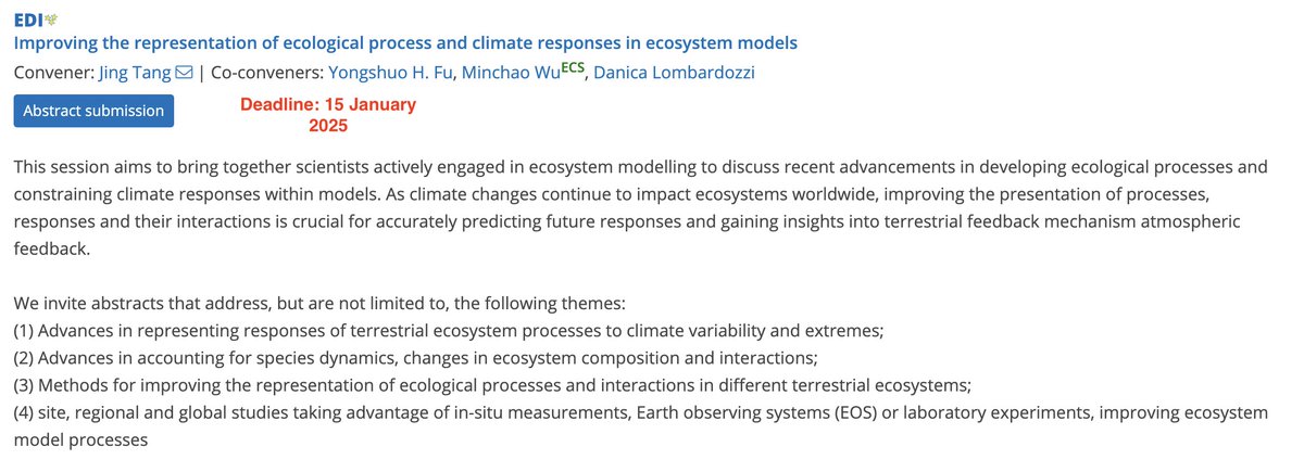 #EGU2025 Call for abstract! We welcome you who work with ecosystem/ecological models to discuss recent advancements in your models to improve simulated responses, dynamics and process interactions.