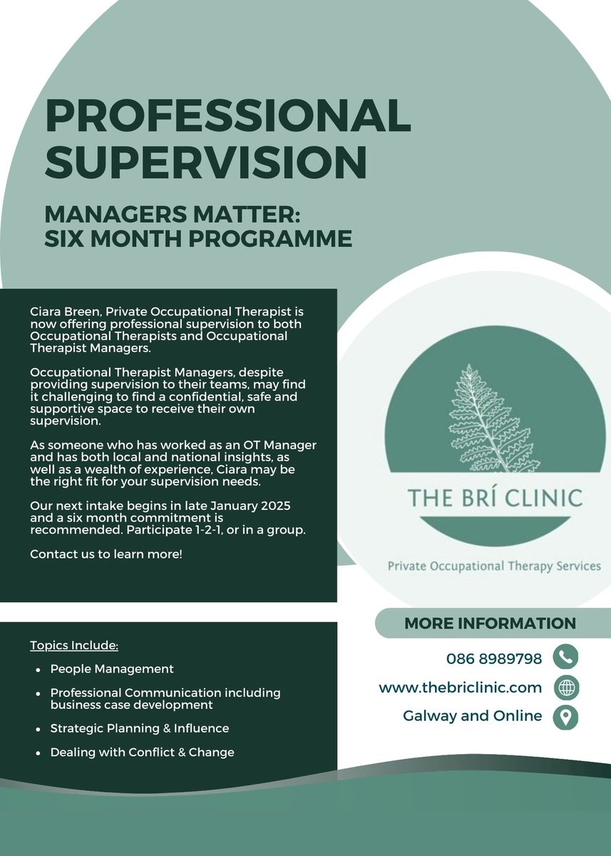 As an OT Manager I was never sure exactly where to find Professional Supervision. 
While I was always fortunate to be able to get support, or a listening ear, through colleagues, line management, and <a href="/AOTInews/">Association of Occupational Therapists of Ireland</a> Advisory Groups, the supervision needs of OTs in Management differs.