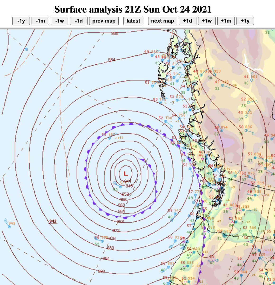 burgwx's tweet photo. Important caveat:

ERA5 is the standard reanalysis used for past weather, but can occasionally have some discrepancies. A previous bomb cyclone in a similar location in October 2021 reached 942 hPa per WPC analysis, but was noticeably weaker in ERA5 reanalysis: https://t.co/QDcQcwIsRT