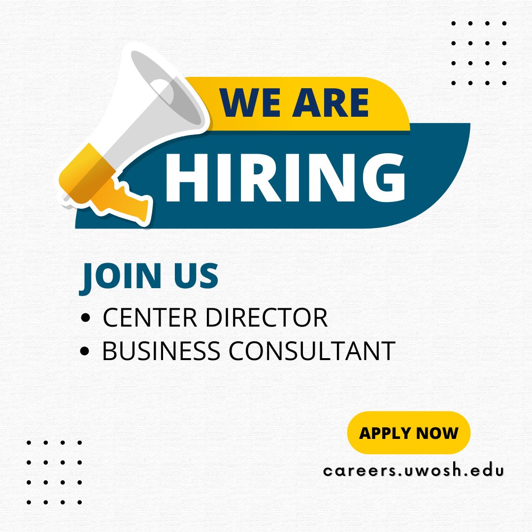 The SBDC at <a href="/uwoshkosh/">UW-Oshkosh</a> is hiring for two key positions:  
1. Center Director: careers.uwosh.edu/en-us/job/5013…
2. Business Consultant: careers.uwosh.edu/en-us/job/5013…

Join a thriving team at the <a href="/WisconsinSBDC/">Wisconsin SBDC</a> and <a href="/UWisconsinBiz/">UWisconsinBiz</a>!