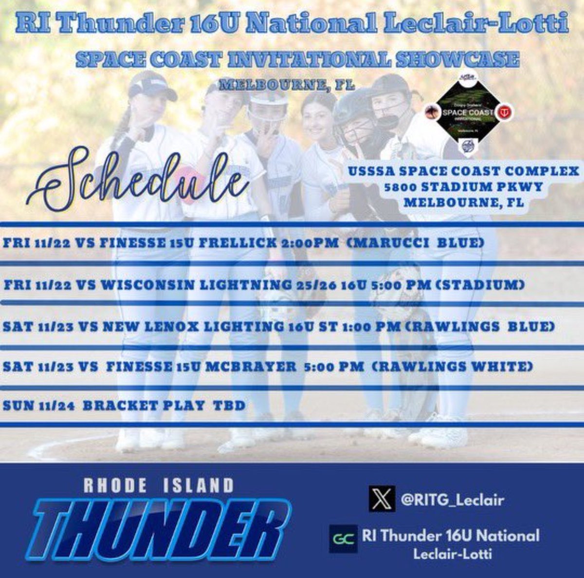 RI Thunder Gold 16u National Leclair-Lotti (@ritg_leclair) on Twitter photo ✈️ Wheels up this weekend! We are excited to finish out our Fall season down in ☀️ FL 😎<a href="/usssaspacecoast/">USSSA Space Coast</a> complex! Looking to rebound from some tough losses in GA.
We can’t wait to get back out on the field & compete💪🏼. <a href="/leclaircoach/">Chris Leclair</a> <a href="/thunderjam134/">dave lotti</a> <a href="/BobRossiRITG/">Bob Rossi</a> <a href="/donnysoftball/">Donny Dreher</a> ✈️ Wheels up this weekend! We are excited to finish out our Fall season down in ☀️ FL 😎<a href="/usssaspacecoast/">USSSA Space Coast</a> complex! Looking to rebound from some tough losses in GA.
We can’t wait to get back out on the field & compete💪🏼. <a href="/leclaircoach/">Chris Leclair</a> <a href="/thunderjam134/">dave lotti</a> <a href="/BobRossiRITG/">Bob Rossi</a> <a href="/donnysoftball/">Donny Dreher</a>