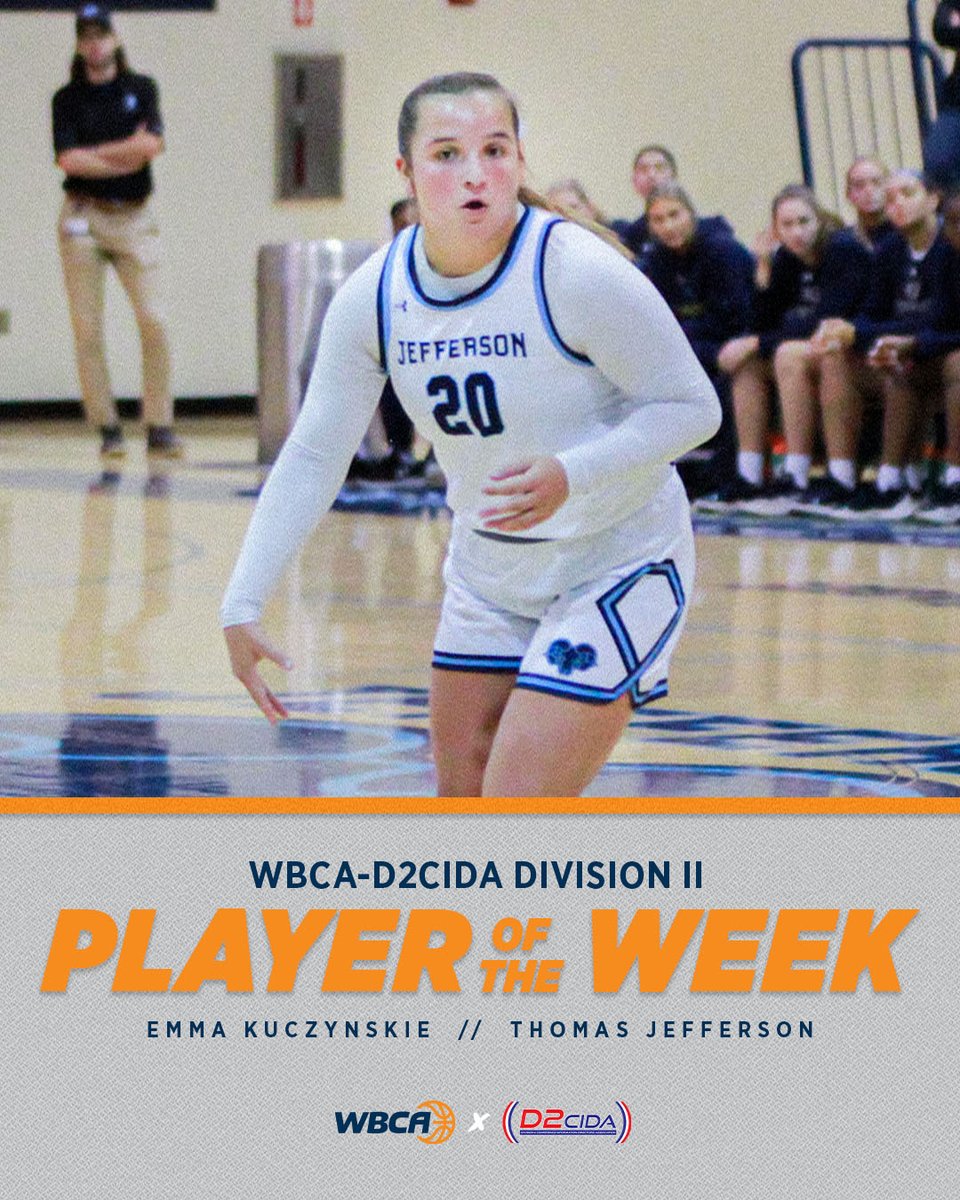 Womenโs Basketball Coaches Association (@wbca1981) on Twitter photo WBCA-D2CIDA Division II Player of the Week! ๐๐ฅ
Emma Kuczynski of <a href="/Jefferson_WBB/">Jefferson Women's Basketball</a> averaged 24 points and shot 83% as the 18th-ranked Rams won both outings last week to improve to 4-0 on the season!
#WBCA | ๐ wbca.org/awards/wbca-d2โฆ WBCA-D2CIDA Division II Player of the Week! ๐๐ฅ
Emma Kuczynski of <a href="/Jefferson_WBB/">Jefferson Women's Basketball</a> averaged 24 points and shot 83% as the 18th-ranked Rams won both outings last week to improve to 4-0 on the season!
#WBCA | ๐ wbca.org/awards/wbca-d2โฆ