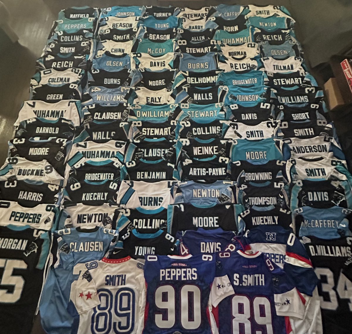 obipanthers's tweet image. My Panthers jersey collection reveal in one picture. In the replies, is individual photos of each one I have now, and get in the future. 
If you would like to purchase any jersey, DM me. 👌

This is a GIVEAWAY‼️

Follow, like, retweet, and reply with your favorite to enter.