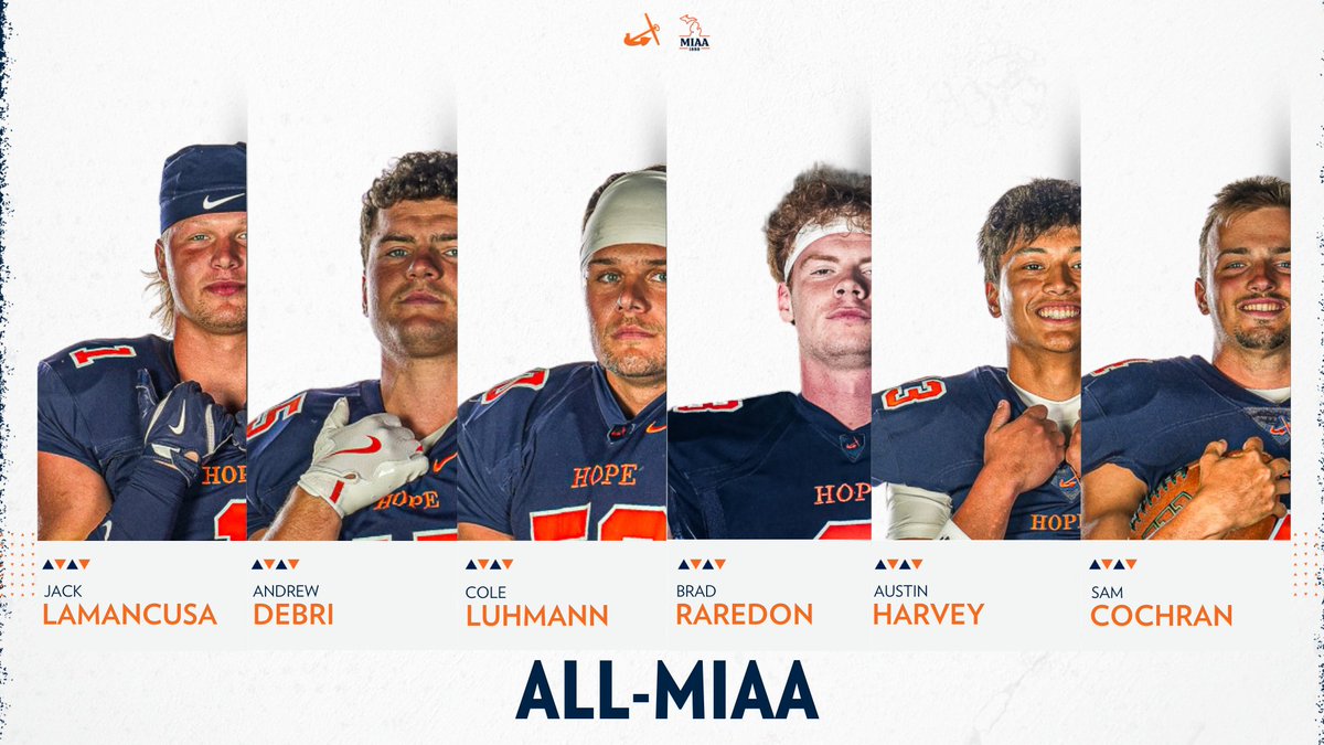 Six All-<a href="/MIAA1888/">#D3MIAA Sports</a> First Team honorees for MIAA champ @hopecollegefb: MVP and LB Cole Luhmann, LB Andrew Debri, LB Brad Raredon, S Sam Cochran, DL Jack Lamanusa, and DB Austin Harvey. #d3fb athletics.hope.edu/news/2024/11/1…