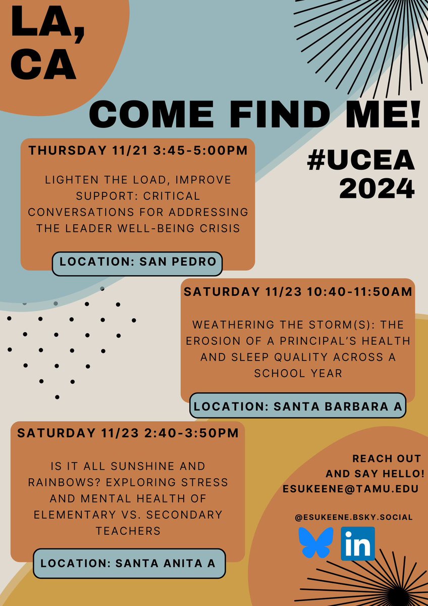 Excited for #UCEA24. Seeing lots of fun talk flyers circulating so I’ve been inspired to create one! Come check out these sessions and say hello. Also, officially moving to 🦋 (slowly) for my own sanity, hope to see you there!