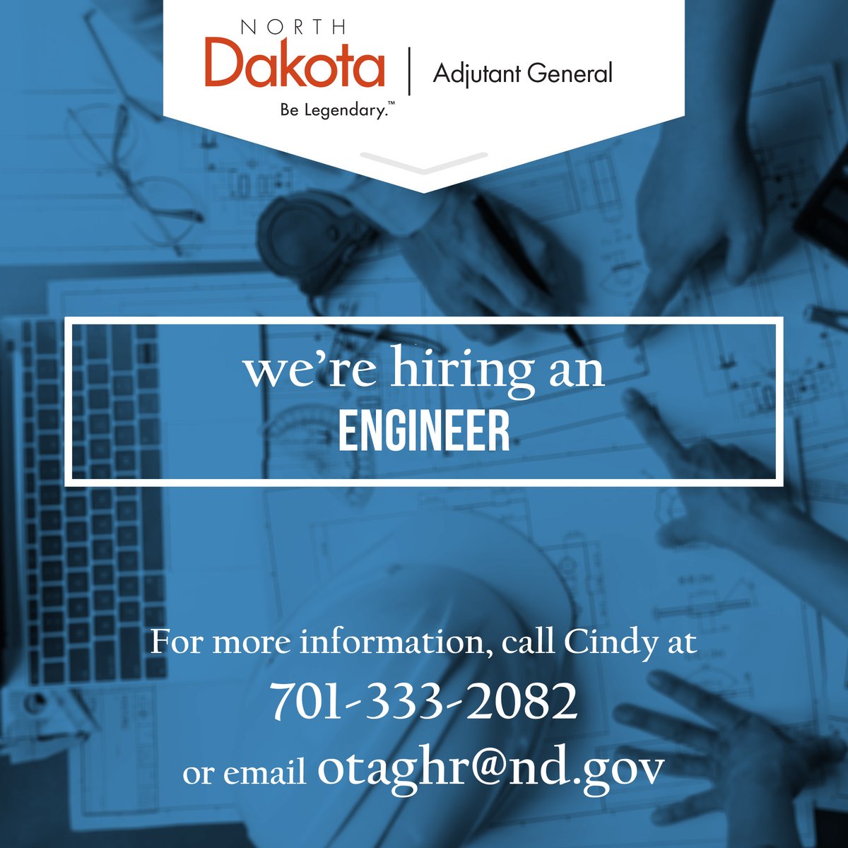 The Office of the Adjutant General is hiring an Engineer to provide professional engineering services to plan for and implement maintenance, repair and new construction projects at the Camp Grafton Training Center.   

View des.nd.gov/listing_3029154 for specifics.