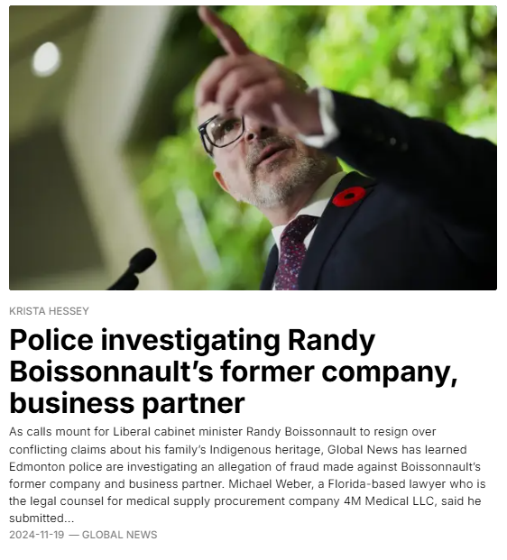 MichaelCooperMP's tweet photo. 🚨BREAKING🚨
Edmonton Police are investigating Randy Boissonnault's shady company for FRAUD.
This follows reports of Randy's business connections to a COCAINE trafficker and Randy getting CAUGHT pretending to be Indigenous.
Long past due for Randy to RESIGN. https://t.co/Bb2TFlGdlN