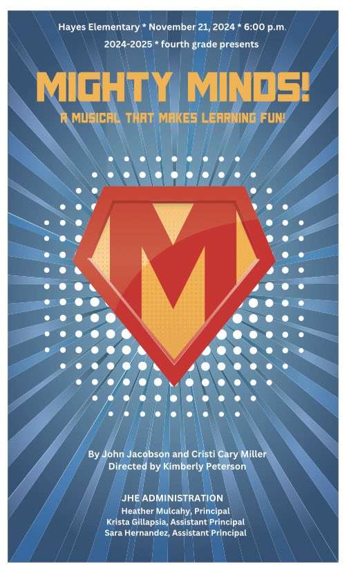 Join us for a whirlwind of action as our 4th graders take the stage on Thursday, November 21 @ 6:00pm in the JHE gym. 
#hayeshawks #mightyminds