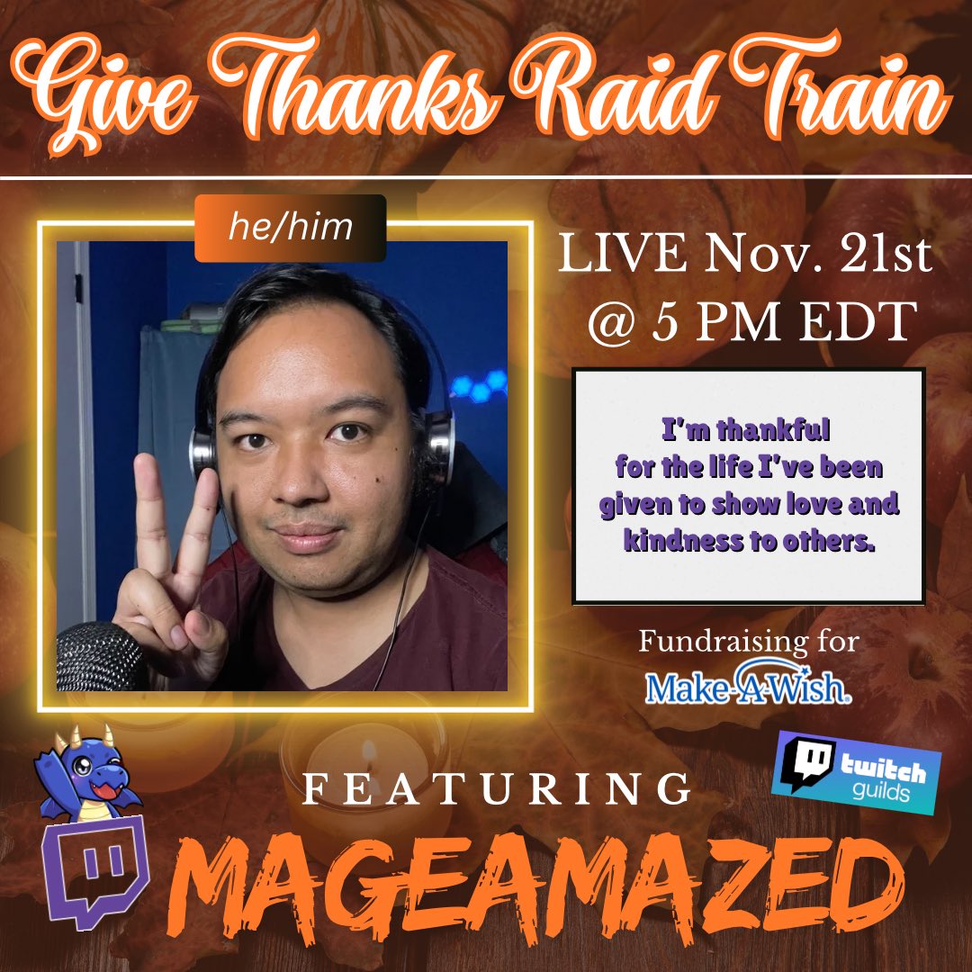MageAmazed's tweet photo. 📣 Give Thanks Raid Train, brought to you by @DragonSquadFam and the Twitch #UnityGuilds! 📣

Thurs, 11/21 at 5 PM EDT 

Join me as I stream #KingdomHearts, and help raise money for the @MakeAWish Foundation! 

All gameplay goals/incentives for donos shown here! See you there! 👋🏼 https://t.co/iVgEF7TN9y