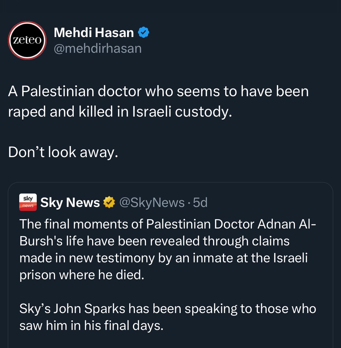 danpjsheehan's tweet photo. On a day when 🇮🇱 forces are taking naked, blindfolded men away in trucks; when reports are emerging that Gaza’s most celebrated doctor was tortured to death; on the eve of an historic vote on blocking weapons to 🇮🇱, there isn’t a single 🇵🇸 story on the @nytimes homepage. Not one. https://t.co/gXJAQ8jlkG