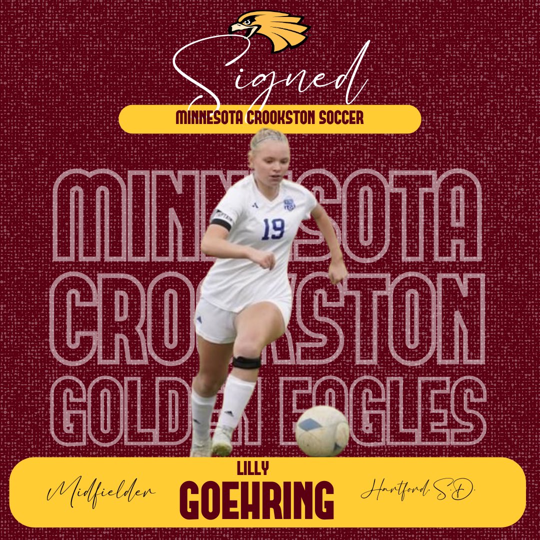Golden Eagle Sports (@umncrookstonath) on Twitter photo We are very excited to announce the signing of Lilly Goehring (MF, 5-2, Hartford, SD/West Central HS) to play for <a href="/UMNCrookstonSoc/">Golden Eagle Soccer</a>. She has been a State Champion and Runner Up. Welcome to Golden Eagle Nation #WingsUp We are very excited to announce the signing of Lilly Goehring (MF, 5-2, Hartford, SD/West Central HS) to play for <a href="/UMNCrookstonSoc/">Golden Eagle Soccer</a>. She has been a State Champion and Runner Up. Welcome to Golden Eagle Nation #WingsUp