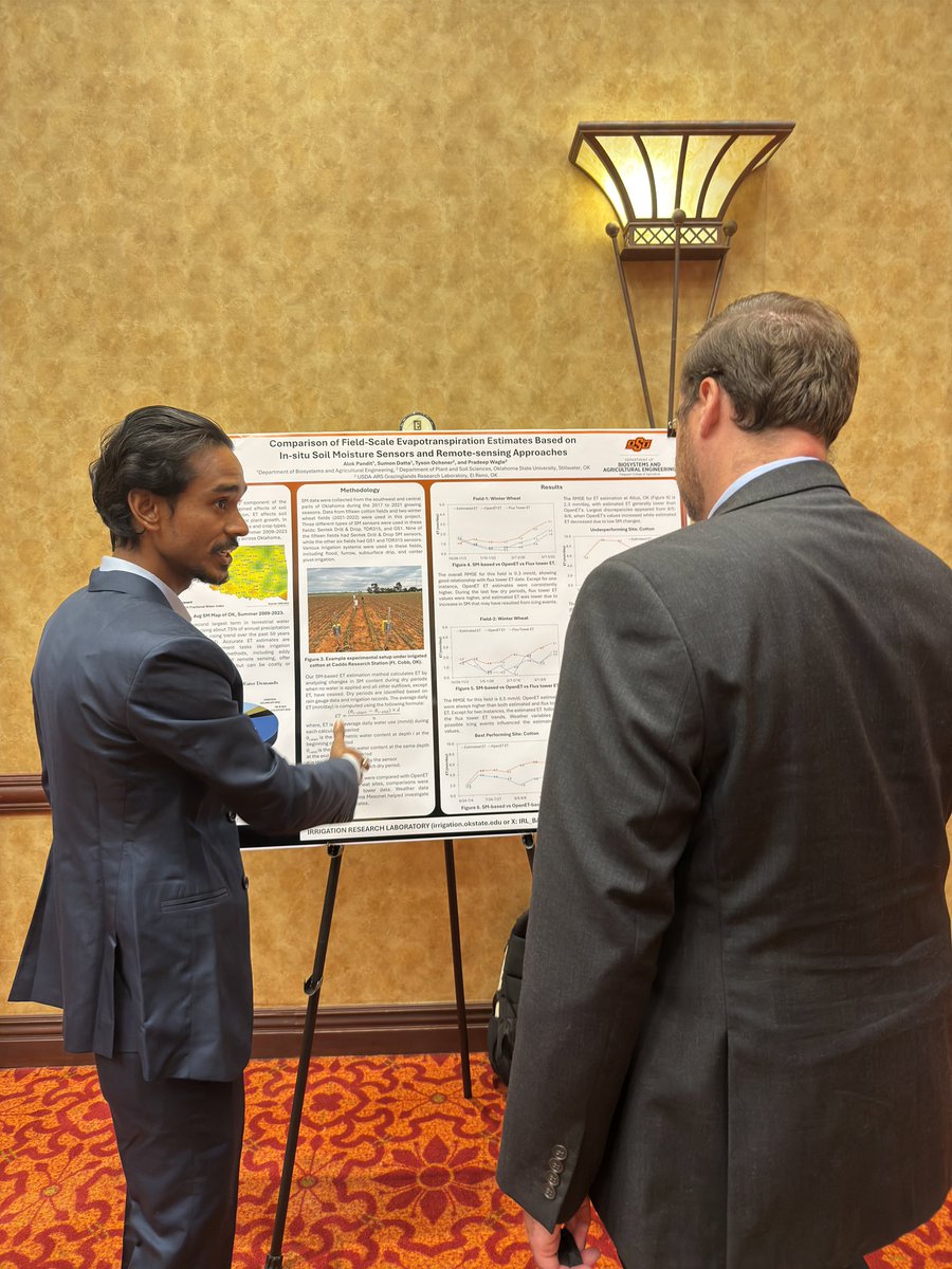 IRL_BAE_OSU's tweet photo. At 2024 OK Governor’s Water Conference, we presented 3 posters on: Soil-moisture based ET estimation, data-driven Canopy temperature modeling and development of OK Irrigation Scheduler. 

Funding: OSU Ag Research, @BAEOkstate @okstatewater , @USGS , @CottonInc , and @okmesonet https://t.co/qFrD0wNb0m