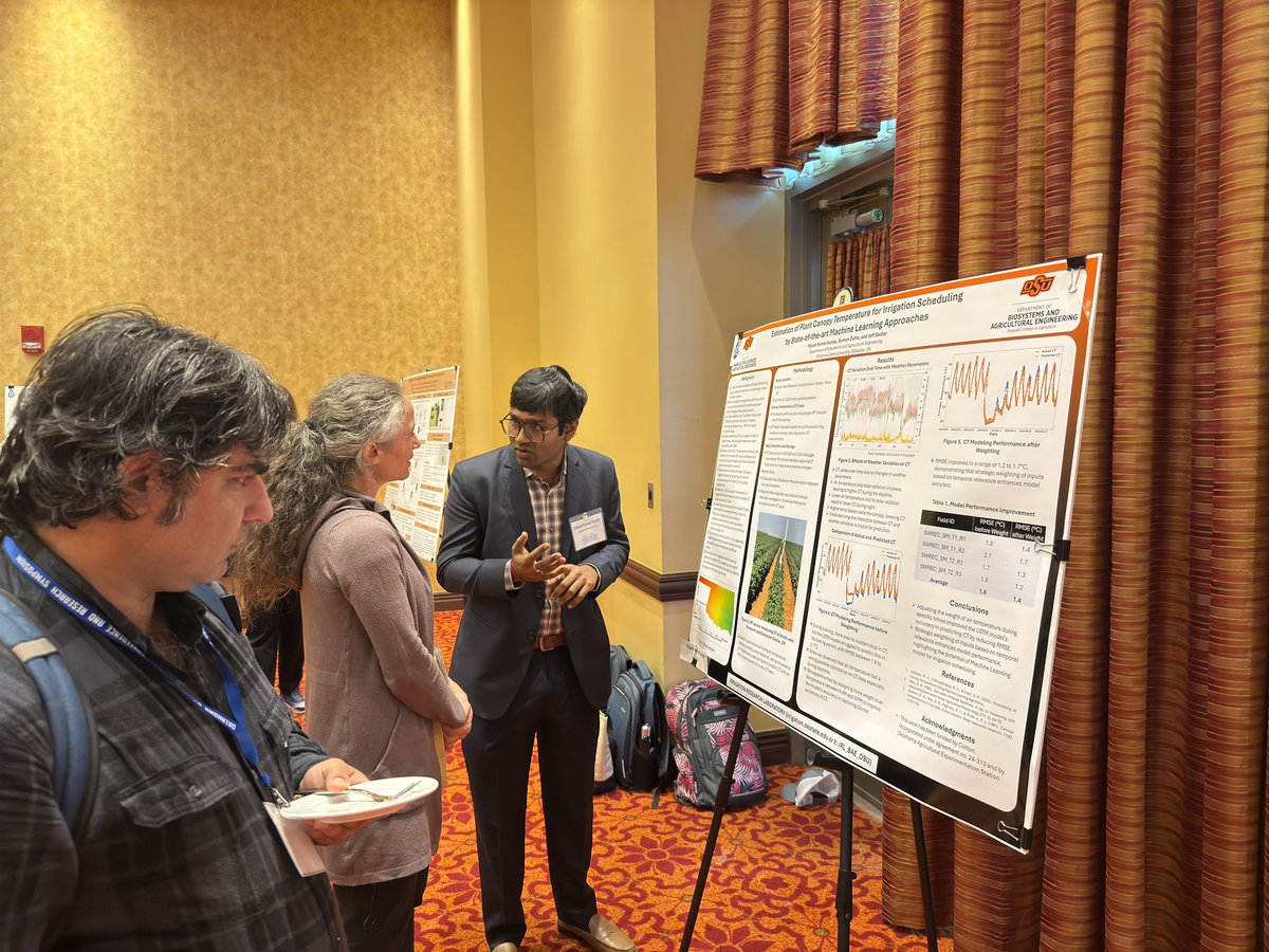 IRL_BAE_OSU's tweet photo. At 2024 OK Governor’s Water Conference, we presented 3 posters on: Soil-moisture based ET estimation, data-driven Canopy temperature modeling and development of OK Irrigation Scheduler. 

Funding: OSU Ag Research, @BAEOkstate @okstatewater , @USGS , @CottonInc , and @okmesonet https://t.co/qFrD0wNb0m