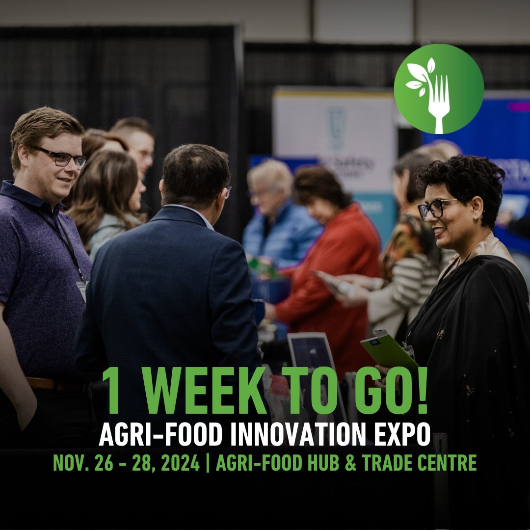 1 WEEK TO GO until the Agri-Food Innovation Expo! 🥳

From Nov. 26 to 28, agri-food businesses will discover new tools to help grow and diversify their business and foster innovation and growth within the agri-food landscape. 👏

Register today ▶️ agrifoodexpo.ca/about