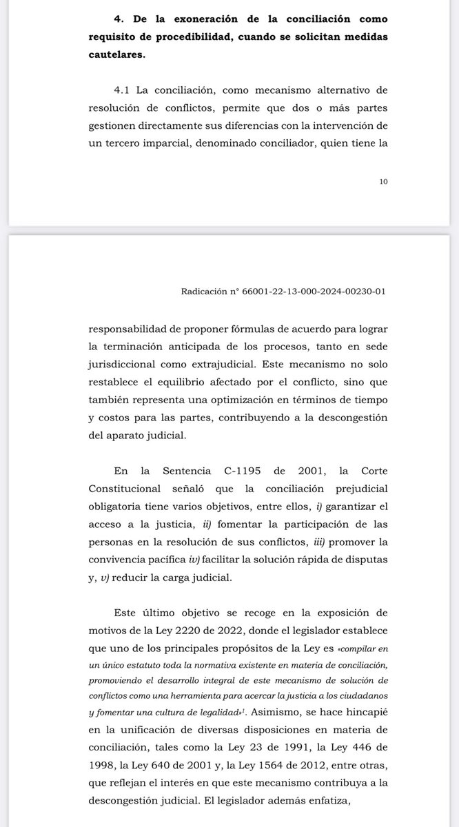 jairoparrac's tweet photo. PARA EXONERARSE DE LA CONCILIACIÓN COMO REQUISITO DE PROCEDIBILIDAD, LAS MEDIDAS CAUTELARES QUE SE SOLICITEN DEBEN SER VIABLES. CSJ (STC12490-2024): La conciliación extrajudicial exigida por la norma no puede ser eludida bajo el argumento de solicitar una medida cautelar que resulte improcedente, desproporcionada o ineficaz. Es decir, es imperativo que se verifique la viabilidad de la cautela solicitada para considerar que se ha cumplido con el requisito de procedibilidad.

Si la administración determina que la medida no es admisible, la consecuencia lógica será el rechazo de la demanda, reafirmando así la importancia de adherirse a los procedimientos establecidos y garantizando el correcto acceso a la administración justicia.

Adoptar una postura contraria, sería tanto como desconocer la observancia de los principios rectores de las cautelas tales como la apariencia de buen derecho, peligro de la mora judicial, legalidad, proporcionalidad y temporalidad, los cuales deben ser examinados oficiosamente por el juez a fin de determinar la viabilidad de su decreto —⬇️⬇️—