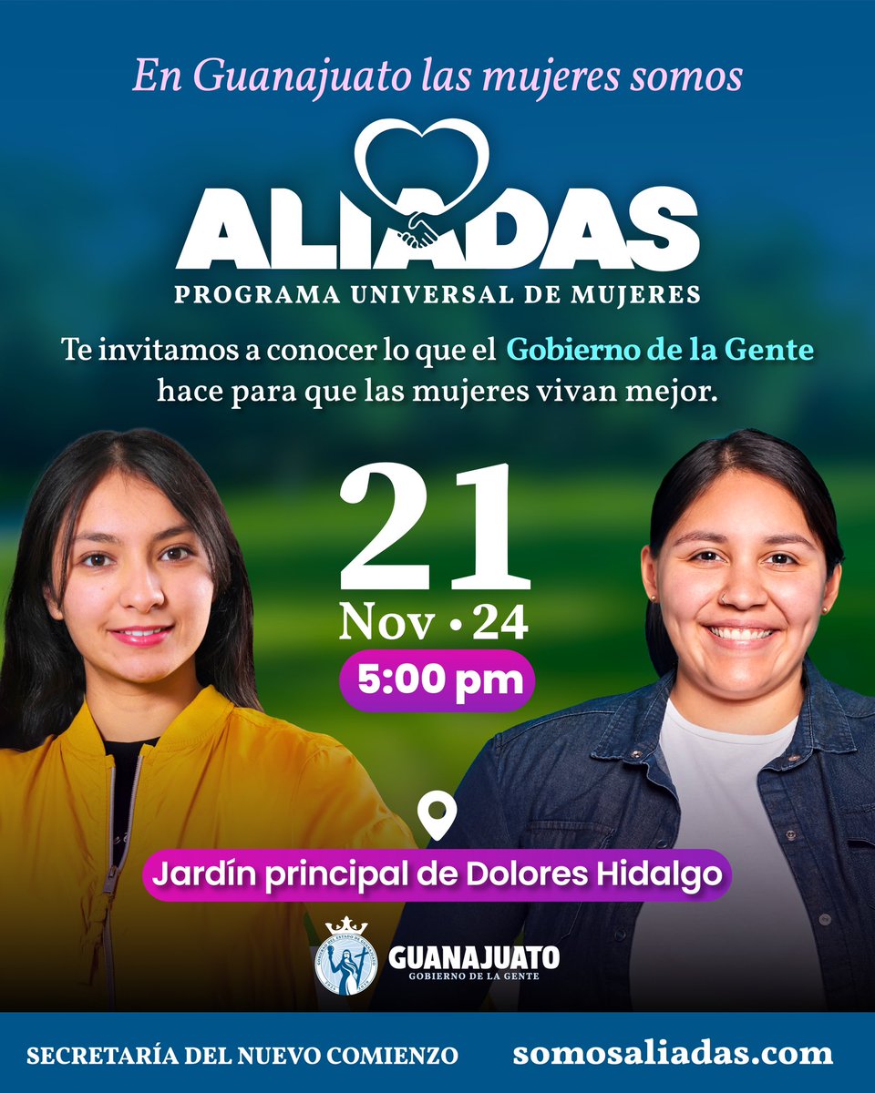 gobgente's tweet image. El #GobiernoDeLaGente tiene una gran noticia para todas las mujeres de Guanajuato: este jueves 21 de noviembre a las 5:00 pm, se presenta el programa #Aliadas💗.

¡Acompáñanos a conocer esta iniciativa que mejorará la vida de muchas mujeres y sus familias! 🙋🏻‍♀️👏🏻
