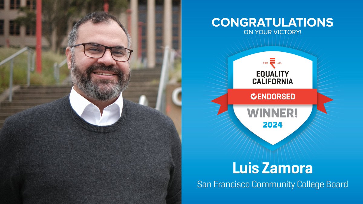Equality California (@eqca) on Twitter photo Congratulations to <a href="/luis_a_zamora/">Luis A. Zamora 雷嘉華</a> on his victory in San Francisco! 🎉 We’re excited to partner with him as we keep fighting for a world that’s healthy, just, and fully equal for every LGBTQ+ person. 🏳️🌈🏳️⚧️ #EqualityWins Congratulations to <a href="/luis_a_zamora/">Luis A. Zamora 雷嘉華</a> on his victory in San Francisco! 🎉 We’re excited to partner with him as we keep fighting for a world that’s healthy, just, and fully equal for every LGBTQ+ person. 🏳️🌈🏳️⚧️ #EqualityWins