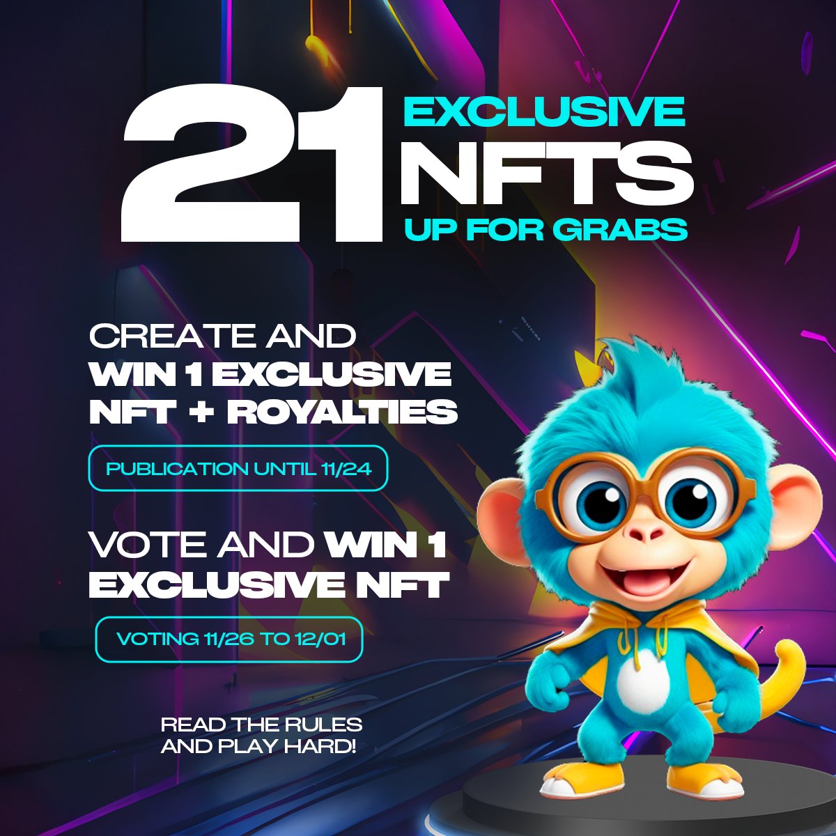 How to Join:

Fallow <a href="/MeMeoMonkey/">MEMEO</a> ✅
Create the best $MEMEO version 🐵
Like + RT this post❤️🔁
Publication until 11/24 ⏳

Vote among the 10 selected and compete for 1 #NFT (20 drawn) 🪙
The creator of the best Memeo version will win 1 NFT + 2% royalties from these🤑

Play hard🔥