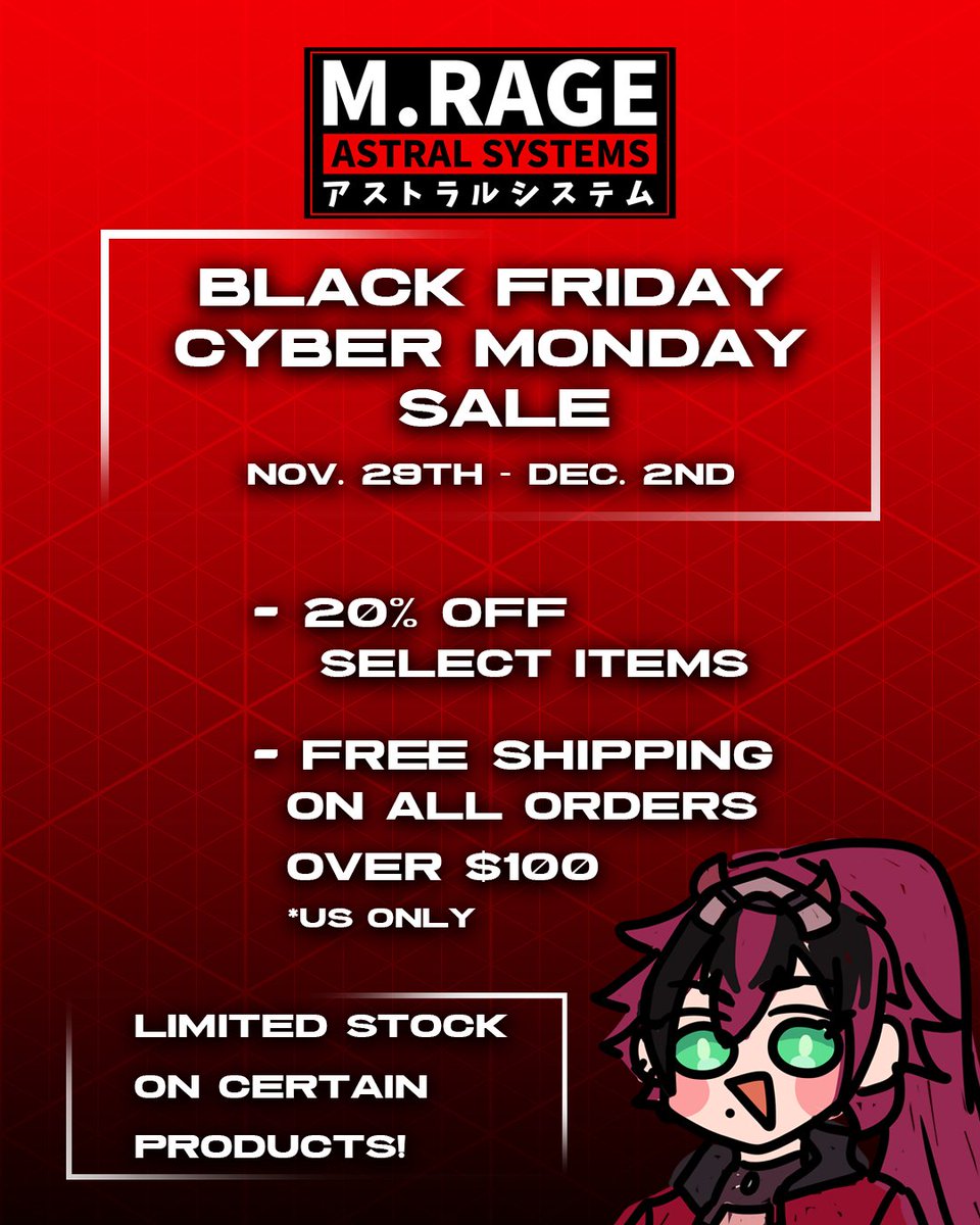 MDOTRAGE's tweet image. ✨️M.RAGE BLACK FRIDAY/CYBER MONDAY SALE✨️
Grab a gift for the upcoming holiday season!
- 20% off select items and collabs
- Free Shipping on all orders over $100 (US limited)
🚀Select items will have limited stock and may not come back next year!
