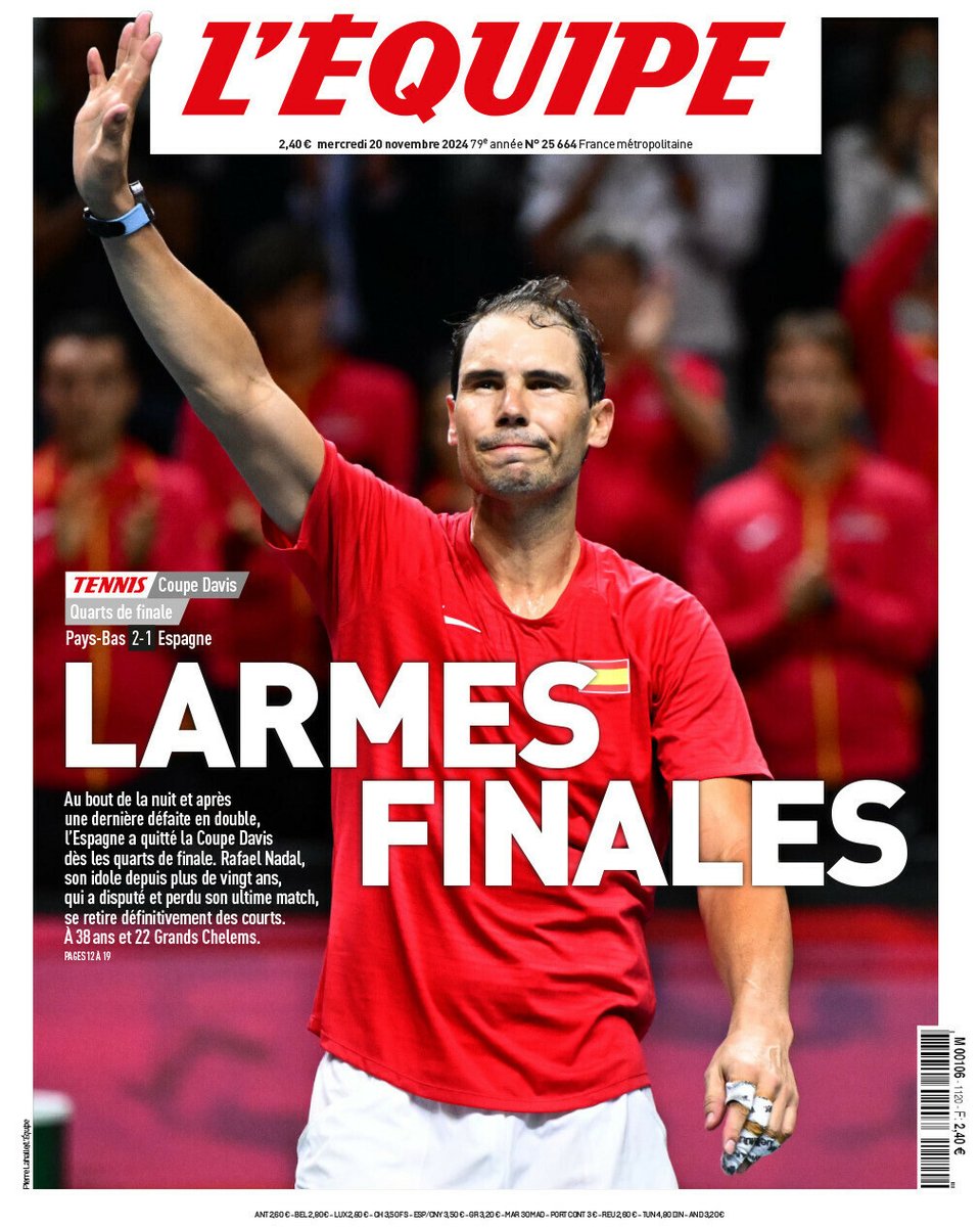 🗞️ « Larmes finales » : la une du journal L'Équipe du mercredi 20 novembre 2024