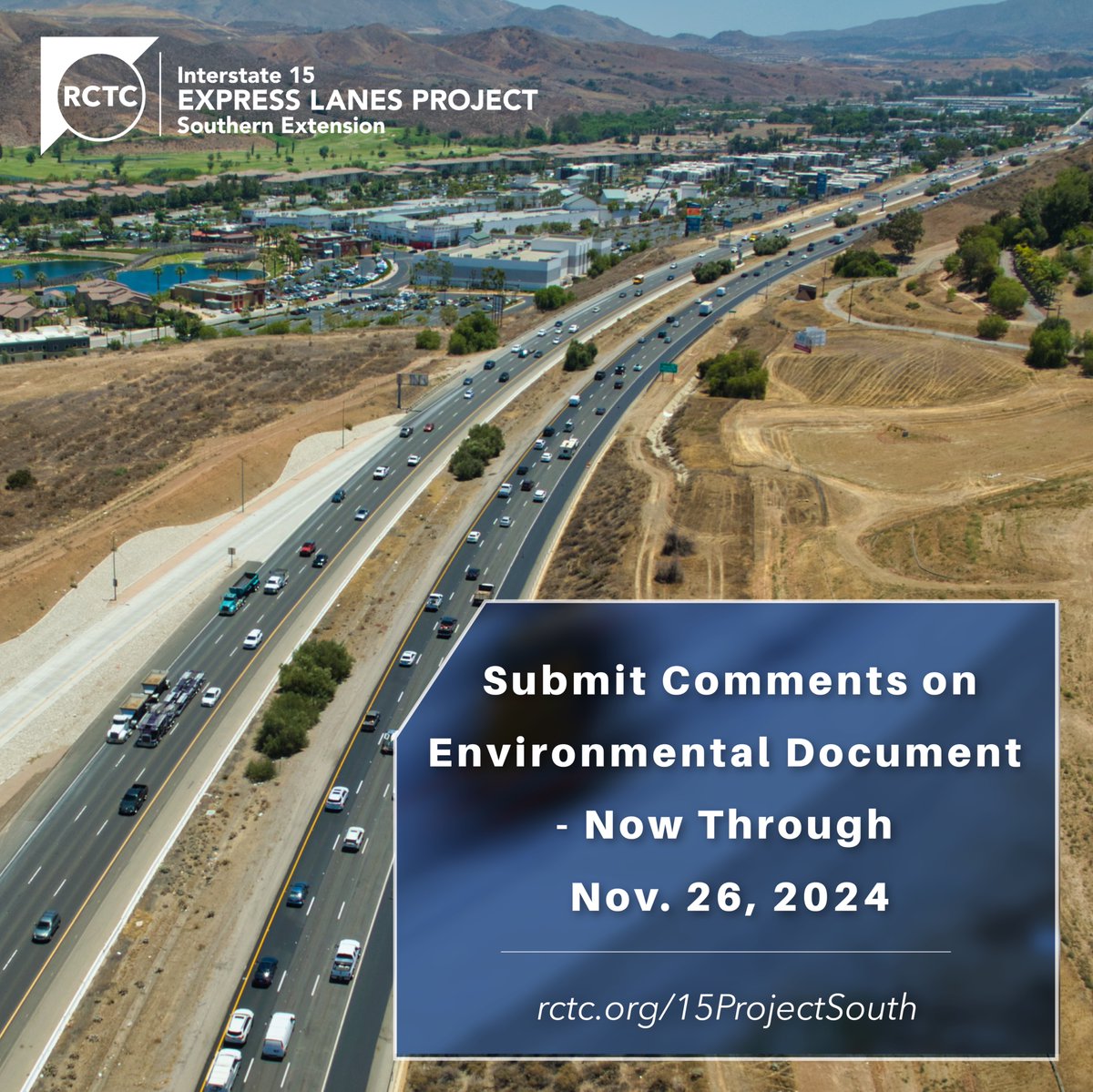 15ProjectSouth's tweet photo. FINAL WEEK to provide comments on the I-15 Express Lanes Project Southern Extension draft environmental document. The public comment period ends Nov. 26. To learn more, visit: https://t.co/7BnZ5WuE0s
#TemescalValley
@CityOfCorona
@CtyLakeElsinore
@Caltrans8 https://t.co/KkLefF9Dpj