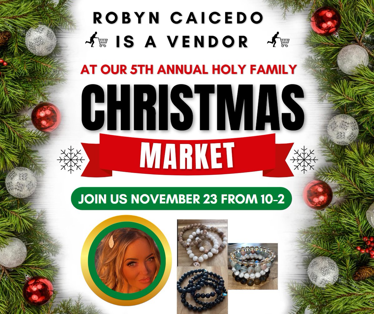Holy Family Christmas Market Vendor Spotlight! Robyn Caicedo is a VENDOR!!  Robyn is a very good friend of Mrs. Crognale and she makes authentic gemstone bracelets.