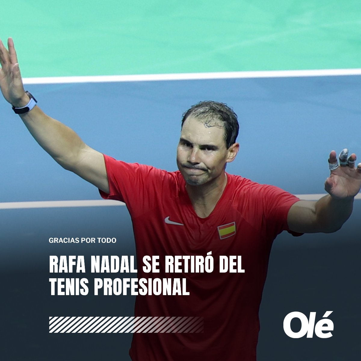🚨 SE RETIRÓ RAFA NADAL

🇪🇸🎾 El español le dijo adiós al tenis tras la eliminación de España en la Copa Davis

🏆 22 Grand Slam, 36 Masters 1000, 5 Copas Davis y 2 medallas de oro olímpicas (una en sinlges y otra en dobles)

¡GRACIAS, RAFA! 🥹